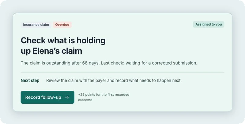 The Action Center card, Check what is holding up Elena’s claim, with the record follow-up button. Fictional demo data.